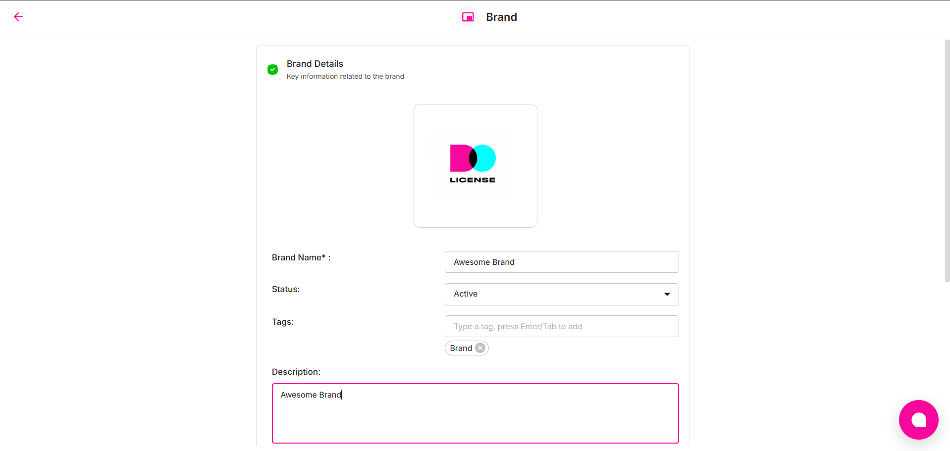 Create New Brand: add brand logo, name, status, tags, description.