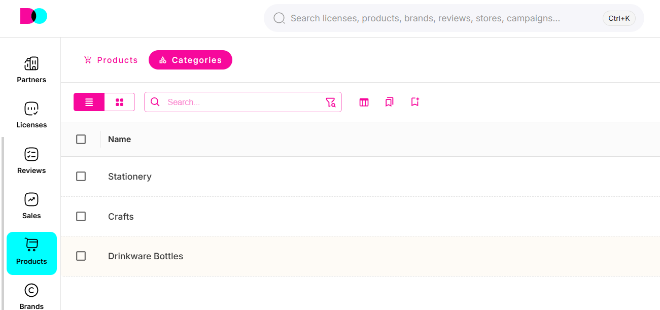 Categories dashboard: category trees for structured organization.