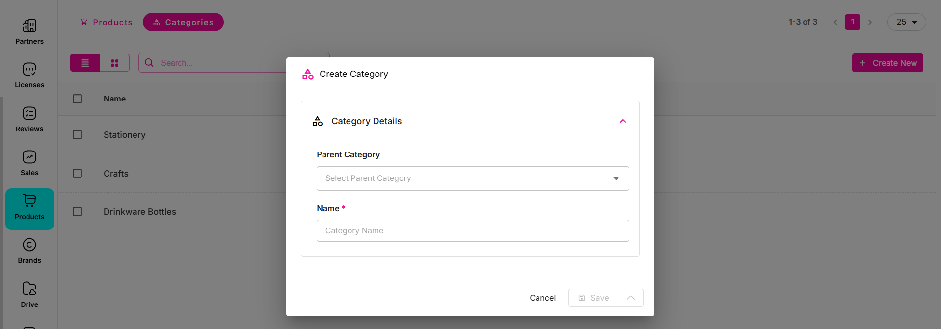 Create Category modal: add parent and name.