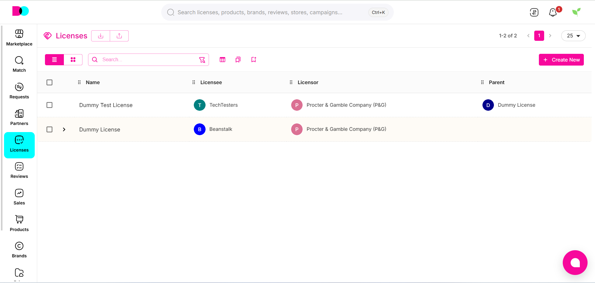 Licenses dashboard: list of agreements and contract parties.