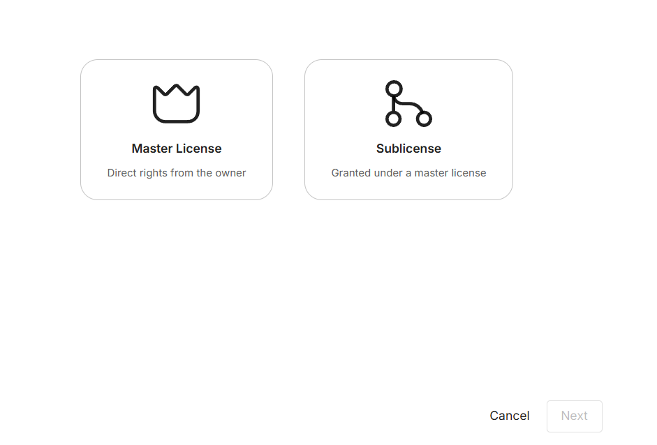Option to select Master License or Sub License.