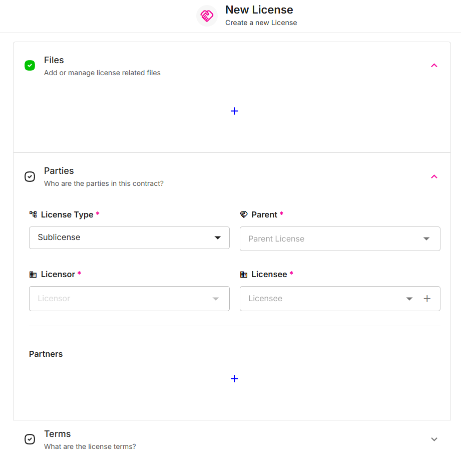 Start of license creation: add files, parties, terms, scope, fees.