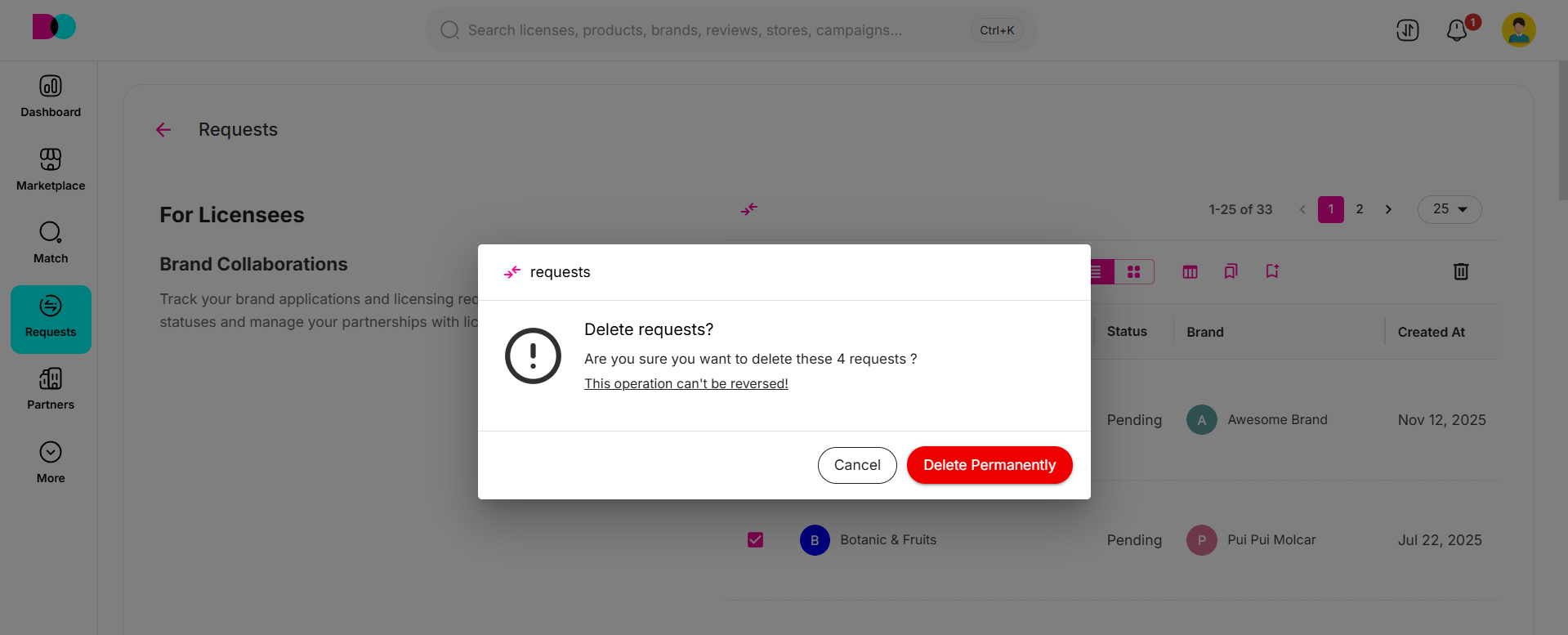 Request dashboard with a selected row ready for deletion.